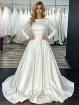 White Satin Long Sleeve Wedding Dress