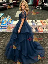Navy Blue Tulle V-neck Short Sleeve Prom Dress