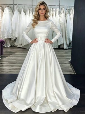 White Satin Long Sleeve Wedding Dress