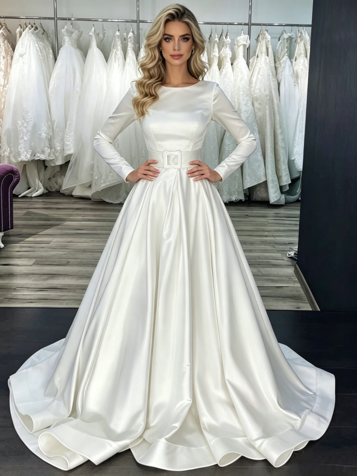 White Satin Long Sleeve Wedding Dress