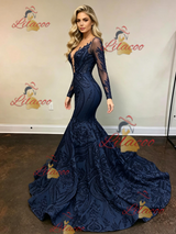 Navy Blue Mermaid Sequins Long Sleeve Prom Dress