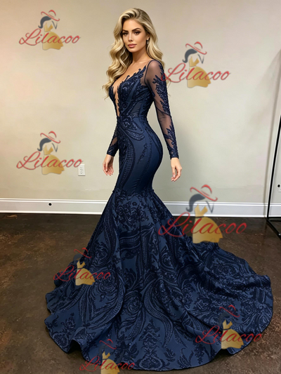 Navy Blue Mermaid Sequins Long Sleeve Prom Dress