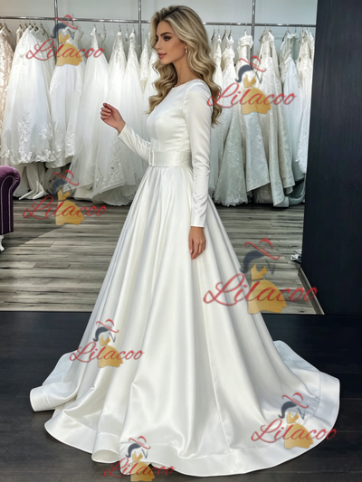 White Satin Long Sleeve Wedding Dress