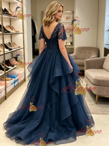Navy Blue Tulle V-neck Short Sleeve Prom Dress