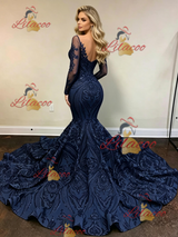 Navy Blue Mermaid Sequins Long Sleeve Prom Dress