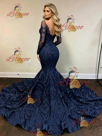 Navy Blue Mermaid Sequins Long Sleeve Prom Dress