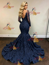 Navy Blue Mermaid Sequins Long Sleeve Prom Dress