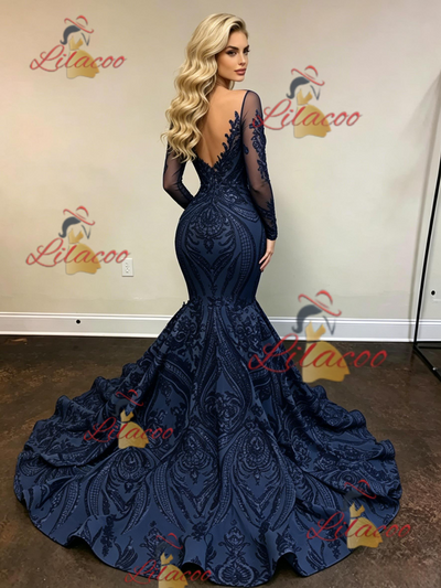 Navy Blue Mermaid Sequins Long Sleeve Prom Dress