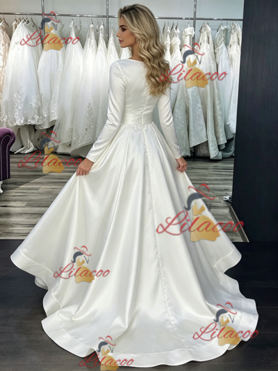 White Satin Long Sleeve Wedding Dress