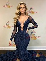 Navy Blue Mermaid Sequins Long Sleeve Prom Dress