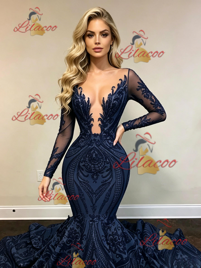 Navy Blue Mermaid Sequins Long Sleeve Prom Dress