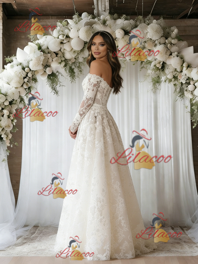 Beige White Tulle Lace Long Sleeve Wedding Dress