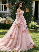Pink Tulle LOng Sleeve 3D Flower Quinceanera Dress