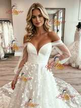 White Tulle Long Sleeve Lace Wedding Dress