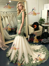 Mermaid Tulle Appliques V-neck Prom Dress