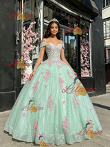 Green Tulle Straps Long Sleeve Quinceanera Dress