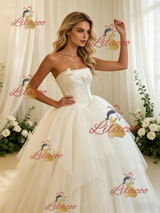 Beige White Tulle Strapless Wedding Dress