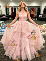 Pink Tulle Halter Pleats Prom Dress