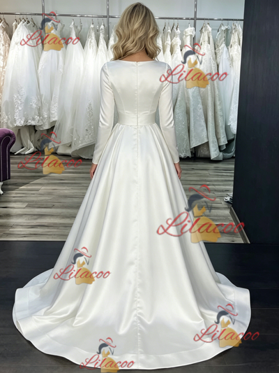 White Satin Long Sleeve Wedding Dress