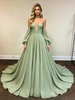 Green Chiffon Strapless Long Sleeve Prom Dress