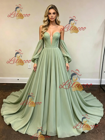 Green Chiffon Strapless Long Sleeve Prom Dress