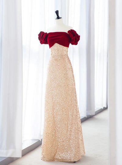 Champagne Sequins Off the Shoulder Prom Dress