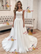 White Tulle Lace Straps Wedding Dress