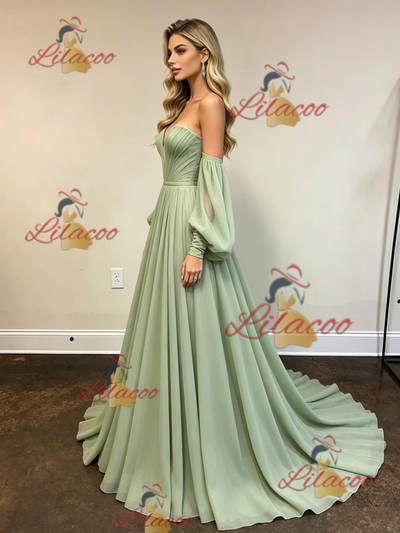 Green Chiffon Strapless Long Sleeve Prom Dress