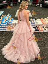 Pink Tulle Halter Pleats Prom Dress