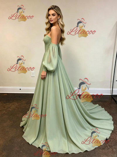 Green Chiffon Strapless Long Sleeve Prom Dress
