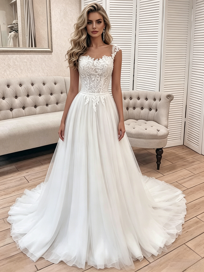 White Tulle Lace Straps Wedding Dress