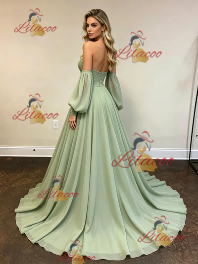 Green Chiffon Strapless Long Sleeve Prom Dress