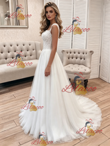 White Tulle Lace Straps Wedding Dress