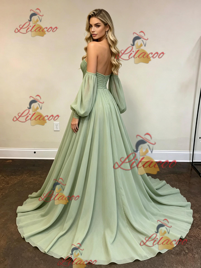Green Chiffon Strapless Long Sleeve Prom Dress