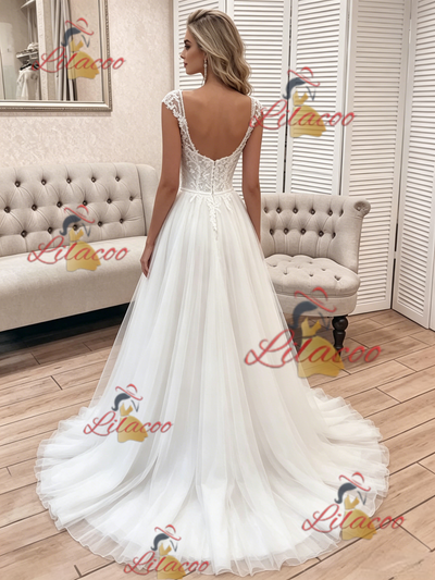 White Tulle Lace Straps Wedding Dress