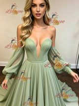 Green Chiffon Strapless Long Sleeve Prom Dress