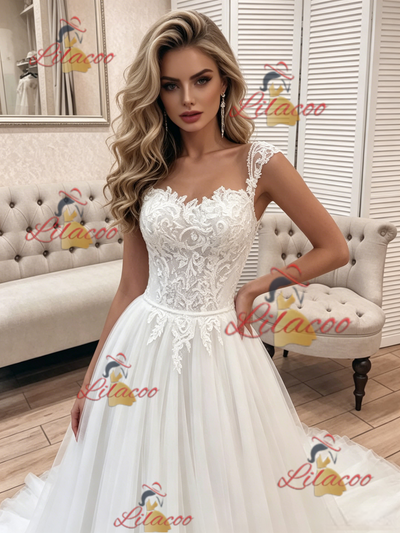White Tulle Lace Straps Wedding Dress
