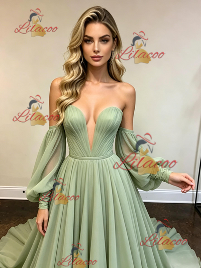 Green Chiffon Strapless Long Sleeve Prom Dress
