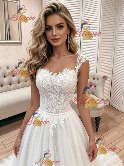 White Tulle Lace Straps Wedding Dress