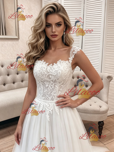 White Tulle Lace Straps Wedding Dress
