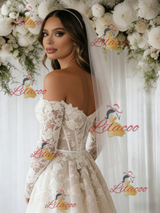 Beige White Tulle Lace Long Sleeve Wedding Dress