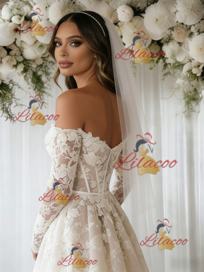 Beige White Tulle Lace Long Sleeve Wedding Dress