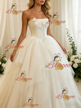 Beige White Tulle Strapless Wedding Dress