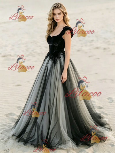 Black Tulle Appliques Wedding Dress