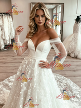 White Tulle Long Sleeve Lace Wedding Dress