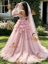Pink Tulle LOng Sleeve 3D Flower Quinceanera Dress