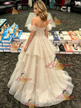 Champagne Tulle Lace Appliques Prom Dress