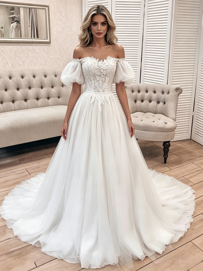 White Tulle Lace Off the Shoulder Wedding Dress