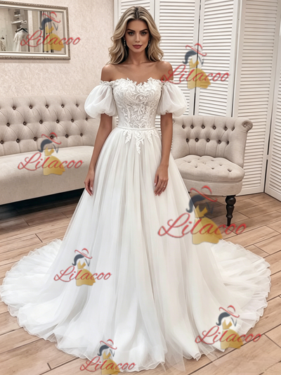 White Tulle Lace Off the Shoulder Wedding Dress