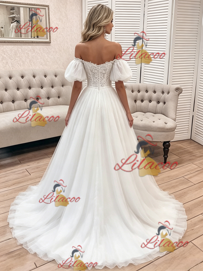 White Tulle Lace Off the Shoulder Wedding Dress